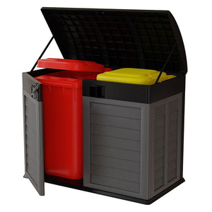 RackZone Plastic Wheelie Bin Storage open, showing red and yellow bins inside.