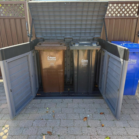 Store three recycling bins outdoors in RackZone’s Plastic Wheelie Bin Storage unit.