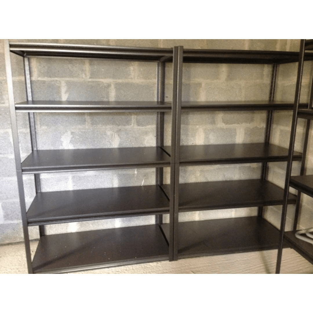 Two RackZone Rivet Shelving units, 5 bay, against a concrete block wall.