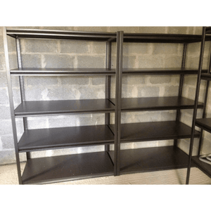 Two RackZone Rivet Shelving units, 5 bay, against a concrete block wall.