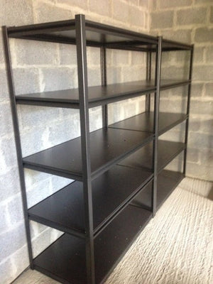 Two empty RackZone Rivet Shelving 5 Bays stand by a gray cinder block wall.