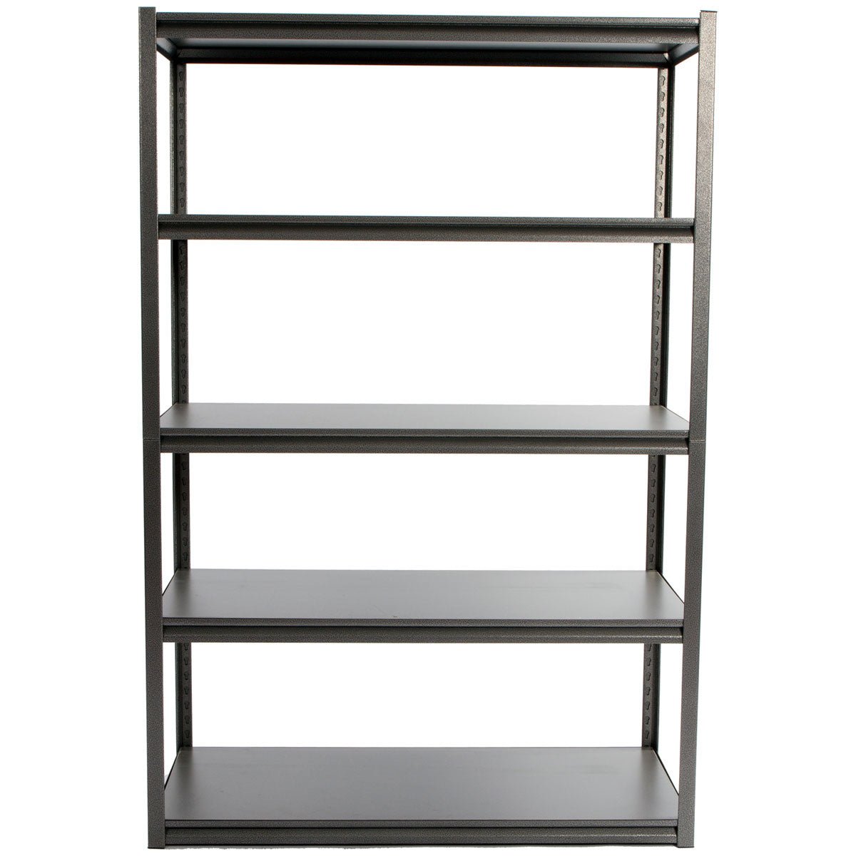 RackZone Rivet Shelving, 5 shelves, 1830h x 1220w x 610d, front view.