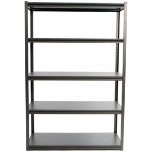 RackZone Rivet Shelving, 5 shelves, 1830h x 1220w x 610d, front view.