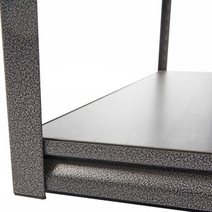 Close-up of RackZone Rivet Shelving, 5-level, laminated timber, textured frame.