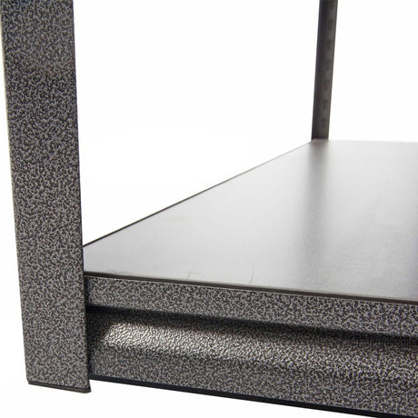 Close-up of RackZone Rivet Shelving, 5-level, laminated timber, textured frame.