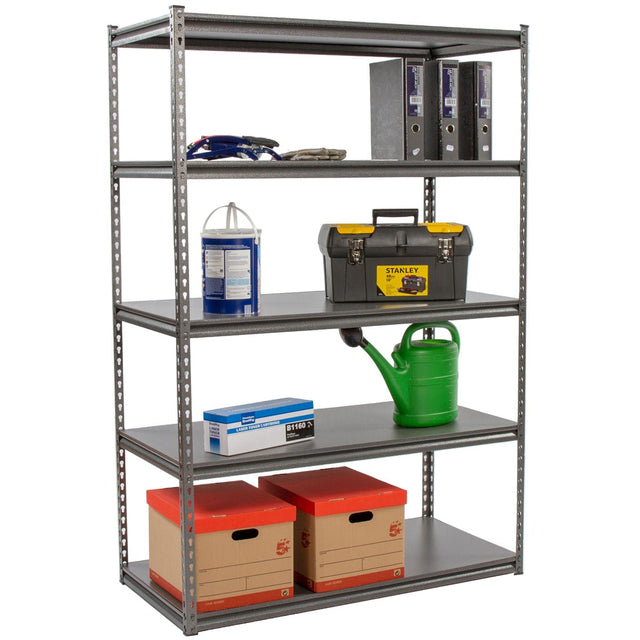 RackZone Rivet Shelving 5 Bay 250kg UDL for tools, boxes, and folders.
