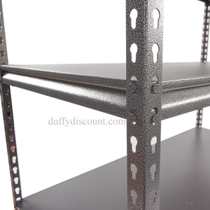 Close-up of RackZone Rivet Shelving 1830h, 5 level, 250kg UDL, timber shelves.