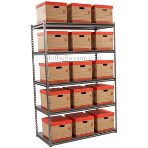 RackZone Rivet Shelving holds 15 boxes; 5 levels, 250kg UDL per shelf.