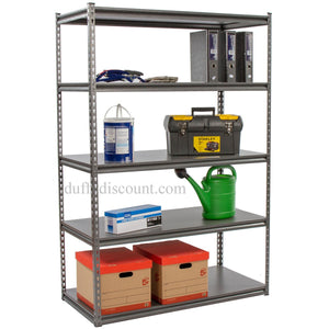 RackZone Rivet Shelving holds boxes, binders, tools, paint, and a watering can.