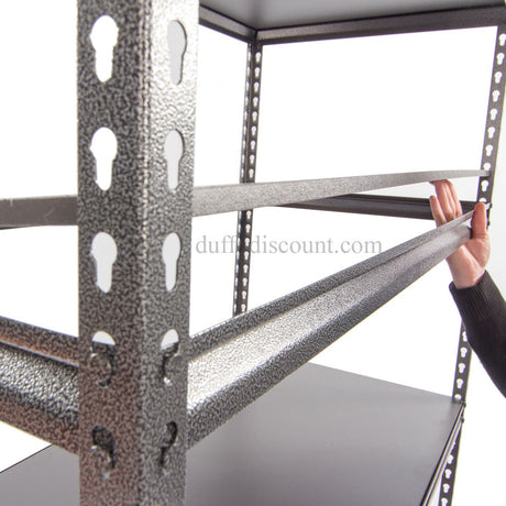 Hand assembling RackZone Rivet Shelving 1830h with notched support beams.