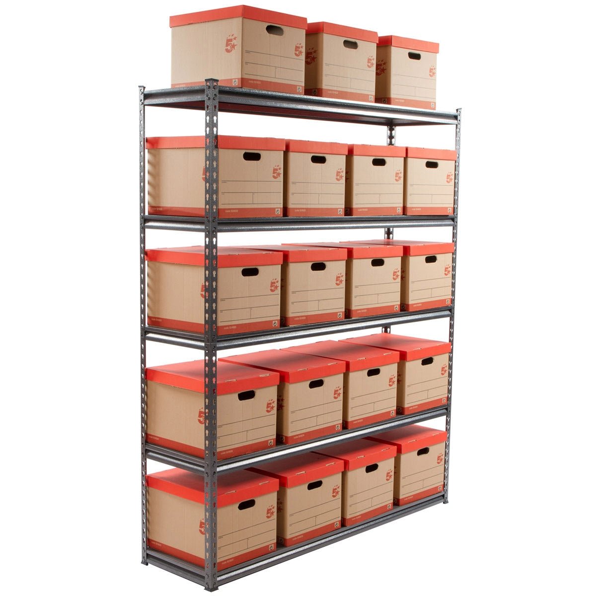 RackZone Rivet Shelving 5 Bay stores red-lid boxes for garage storage.