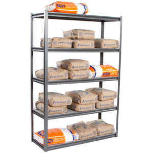 RackZone Rivet Shelving holds cement bags on five laminated timber shelves.