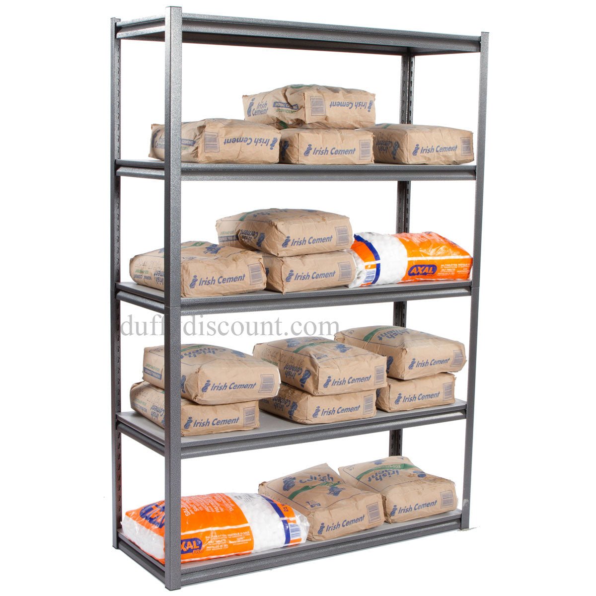 RackZone Rivet Shelving holds cement bags and construction materials securely.