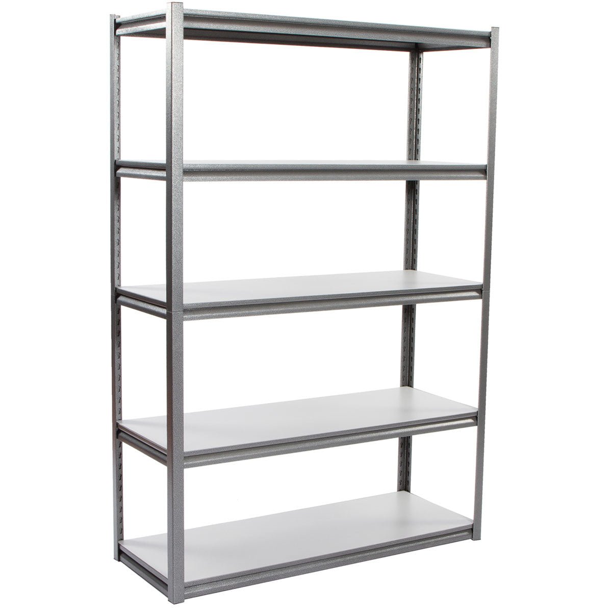 RackZone Rivet Shelving 1830h 5 Level, white shelves, empty and upright.