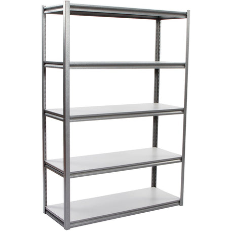 RackZone Rivet Shelving, 5-level, white shelves, gray frame, 250kg UDL.