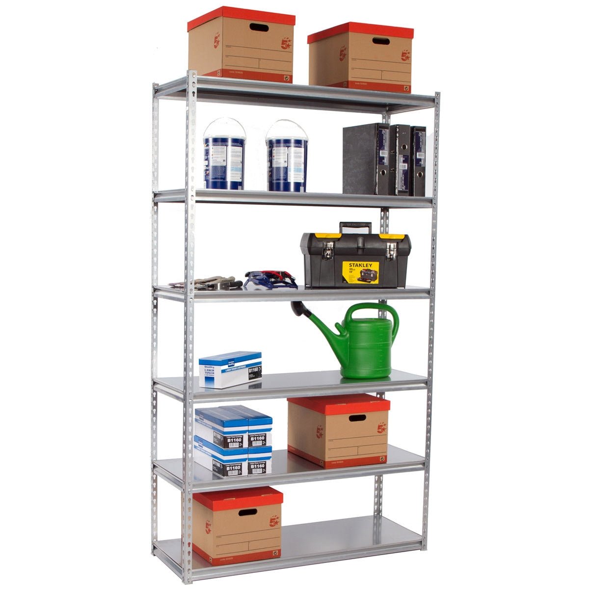RackZone Rivet Shelving holds boxes, water jugs, binders, tools, and a watering can.