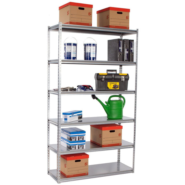 RackZone Rivet Shelving holds boxes, water jugs, binders, tools, and a watering can.