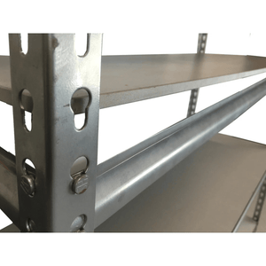 RackZone Rivet Shelving 2130h 6-level, 250kg timber shelves, adjustable beams.