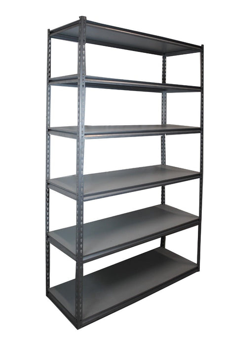 RackZone Rivet Shelving 6-level, 250kg/bay, open sides/back for garage storage.