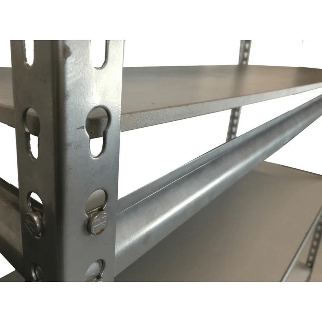 Boltless shelving frame being assembled