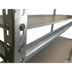 Close-up of RackZone Rivet Shelving, 6 shelves, 250kg UDL, laminated timber.