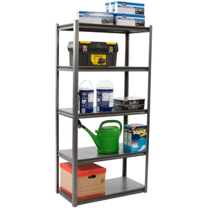 RackZone Rivet Shelving stores boxes, tools, and a green watering can.