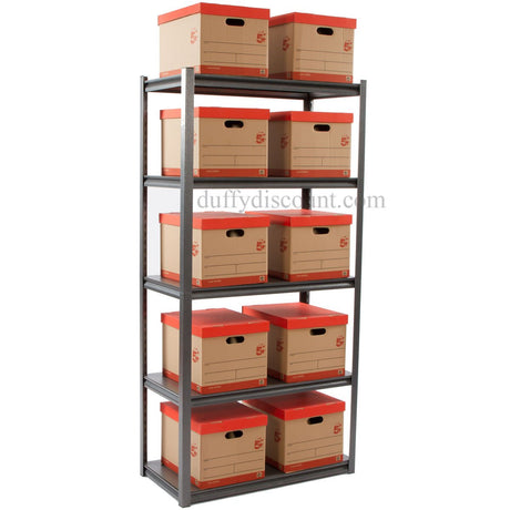 A RackZone Rivet Shelving unit holds twelve cardboard boxes with red lids.