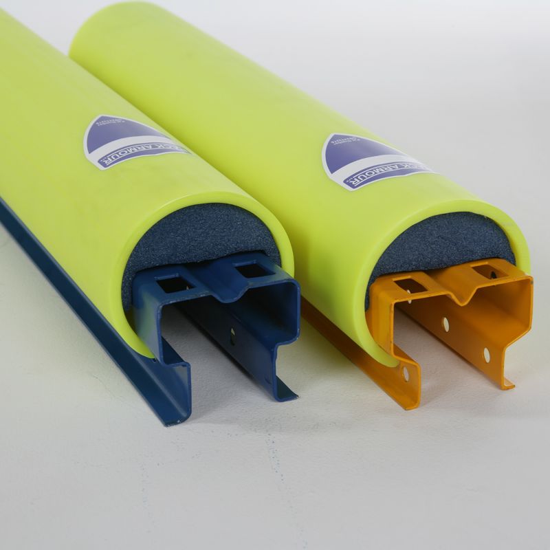 Two yellow RackZone 80mm HDPE upright protectors with blue and orange brackets.