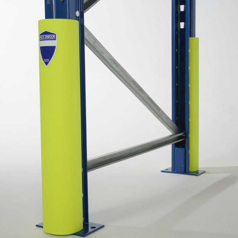 RackZone's yellow 80mm HDPE upright protector shields warehouse shelving.