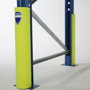 RackZone's yellow 80mm HDPE upright protector shields warehouse shelving.