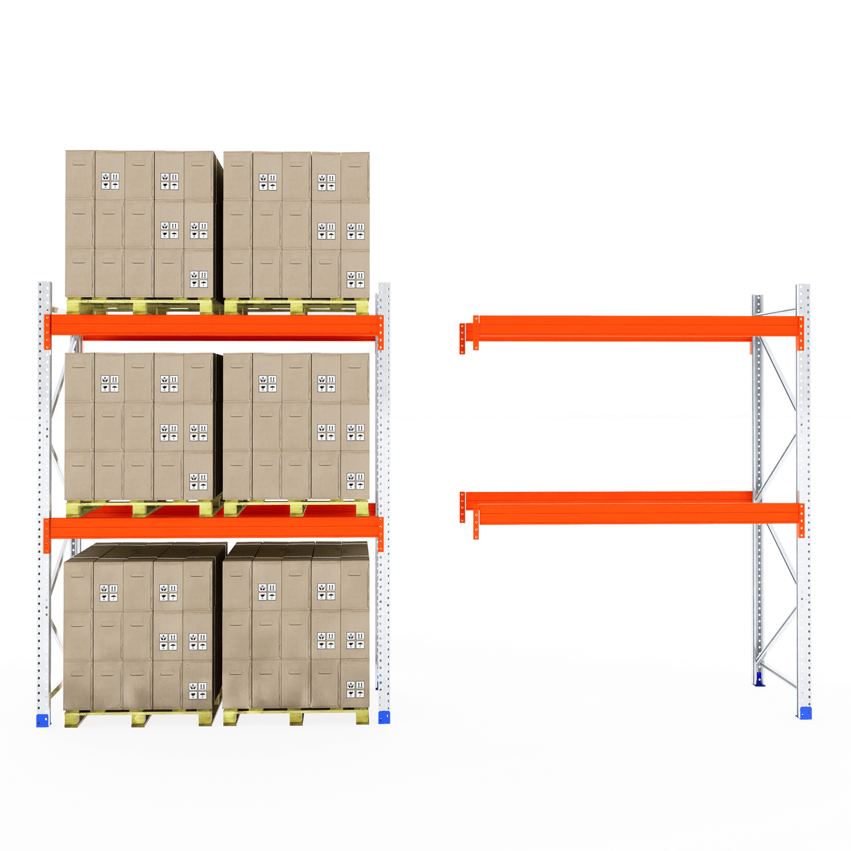 RackZone Pallet Racking 1100mm Depth - Starter: one stocked, one empty shelf.
