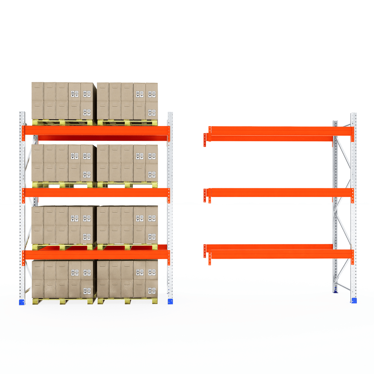 RackZone Pallet Racking 1100mm Extender: 1 shelf boxed, 1 empty, orange beams.