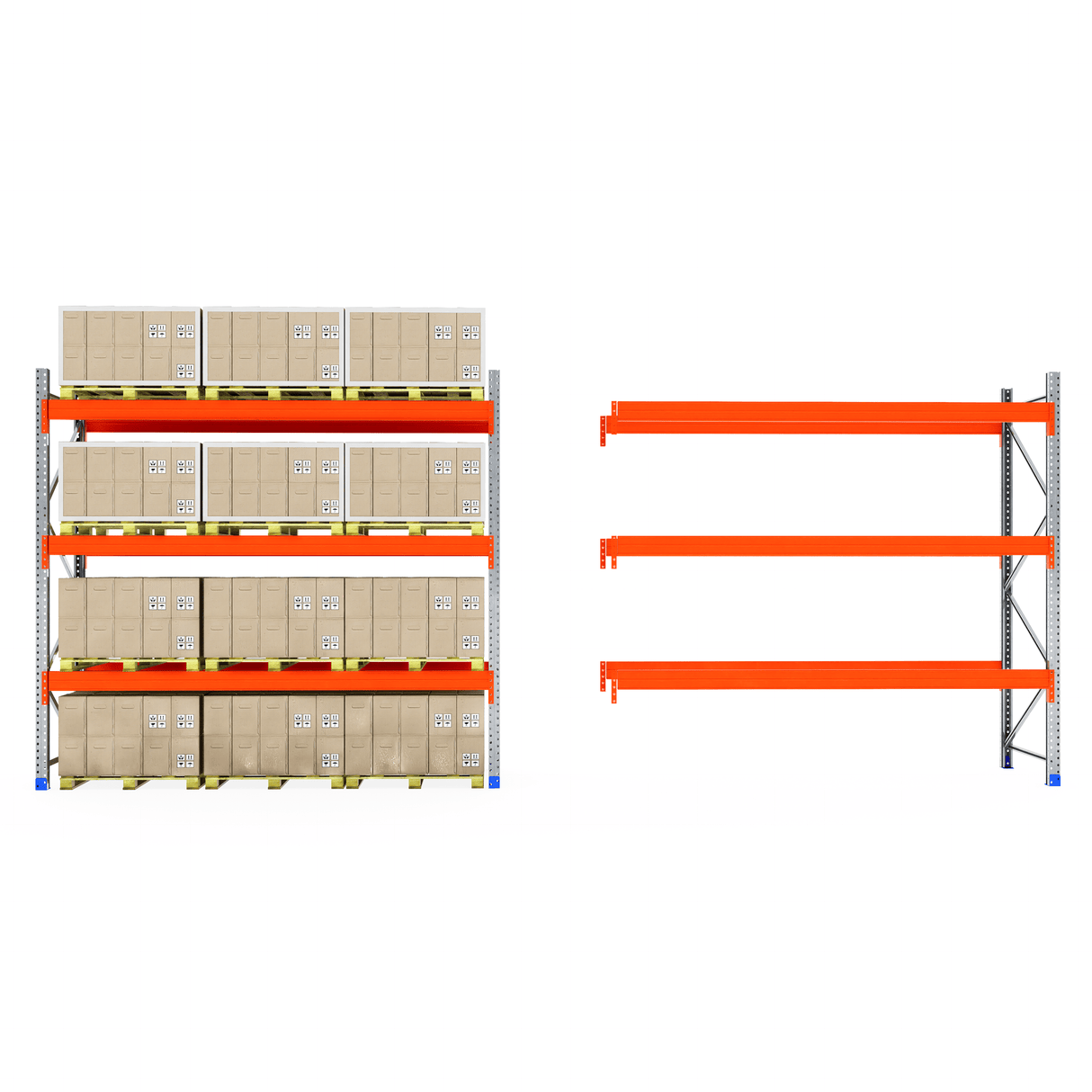 RackZone Pallet Racking Extender: 1 full of boxes, 1 empty with orange shelves.