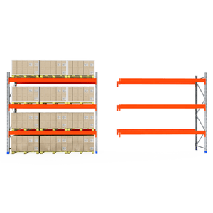 RackZone Pallet Racking Extender: 1 full of boxes, 1 empty with orange shelves.