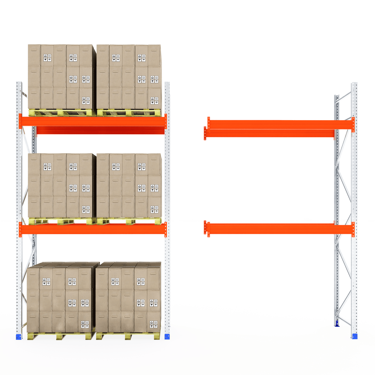 RackZone Pallet Racking 1100mm Starter empty, metal shelves with boxes left.