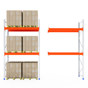 RackZone Pallet Racking 1100mm Starter empty, metal shelves with boxes left.