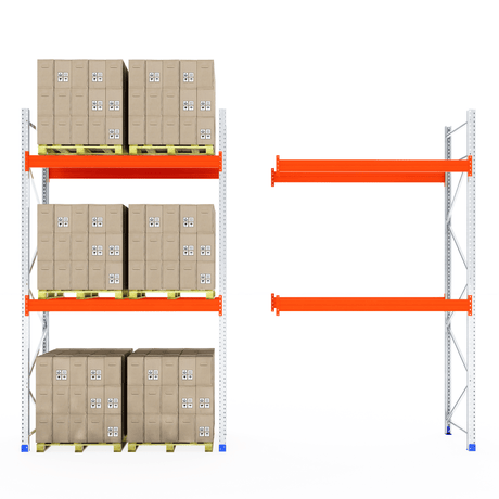 RackZone Pallet Racking 1100mm Starter empty, metal shelves with boxes left.
