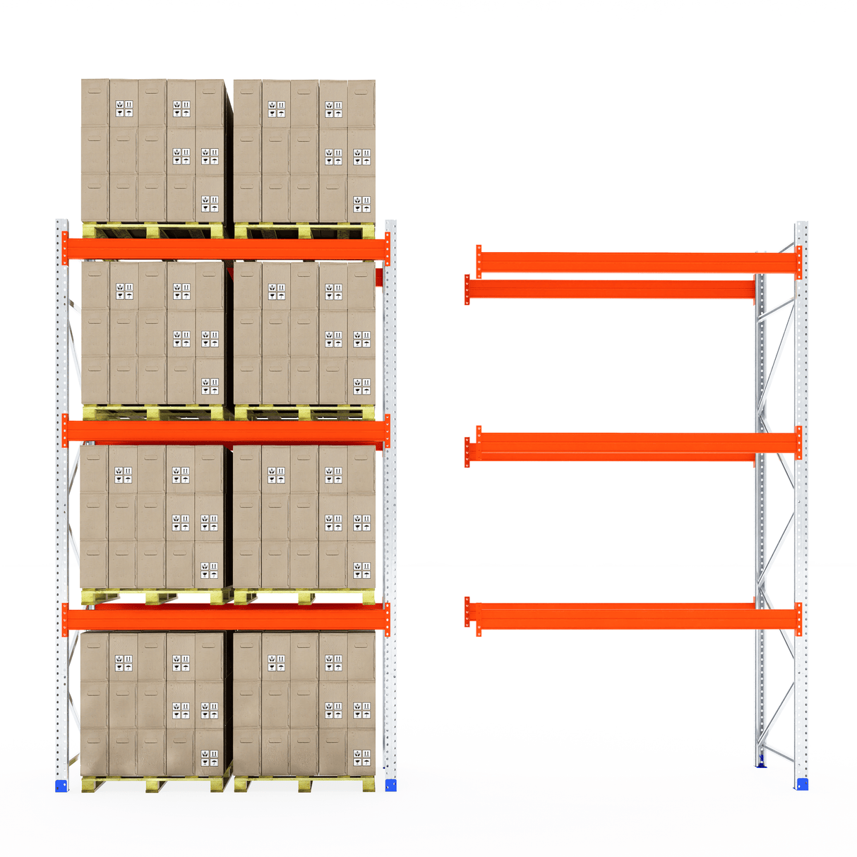 One pallet rack with boxes, one empty RackZone 1100mm extender racking.