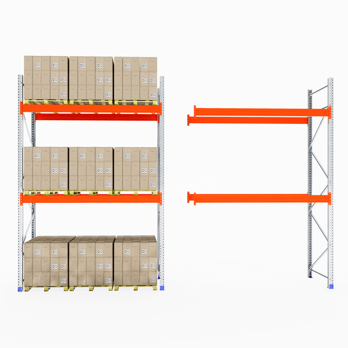 RackZone Pallet Racking 1100mm Depth - Extender with stacked boxes on left.