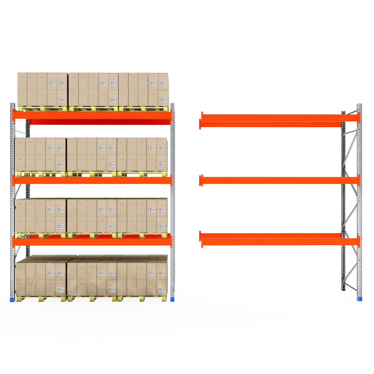 RackZone Pallet Racking 1100mm Extender: one full, one empty with orange frame.