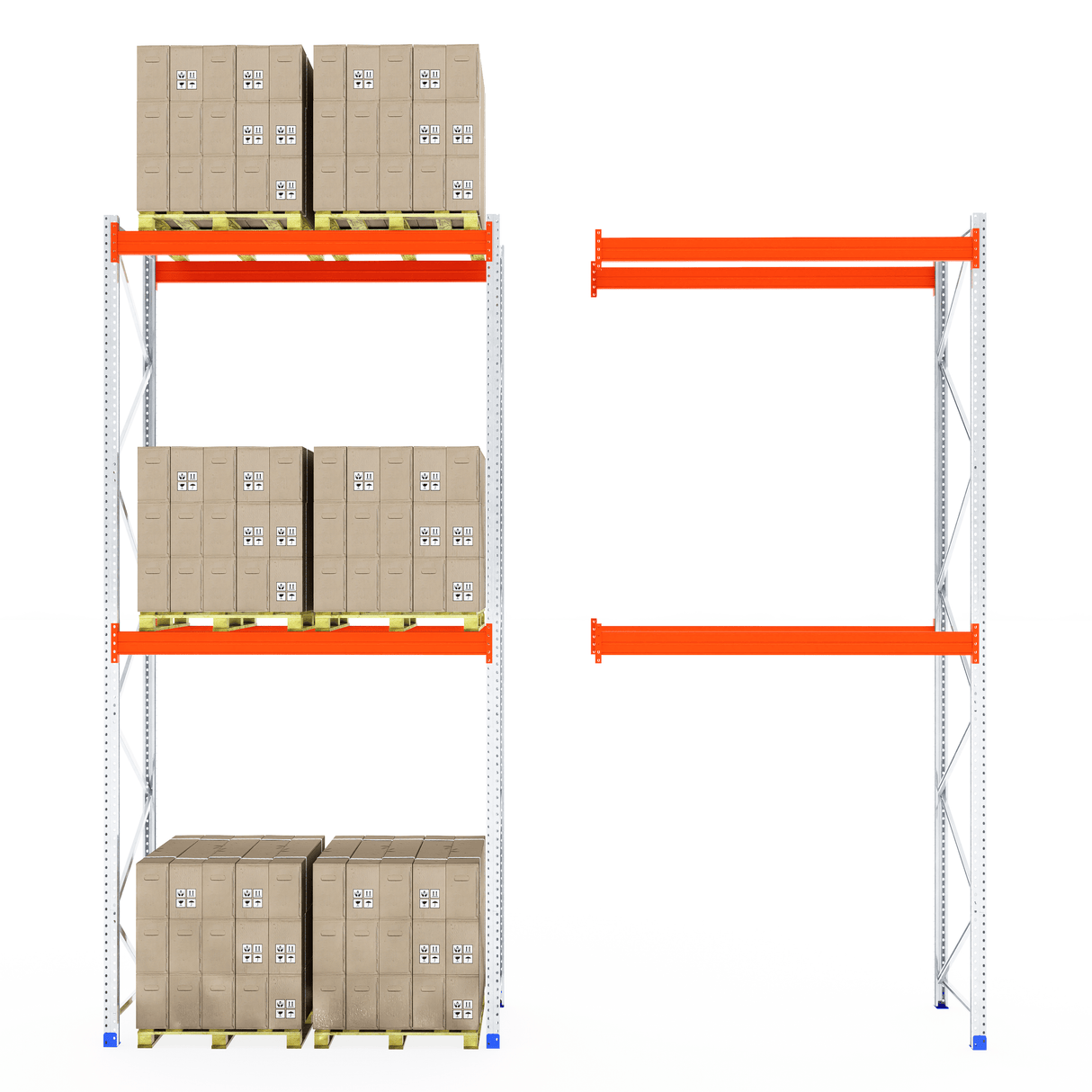 RackZone Pallet Racking 1100mm Depth - Starter, left boxes stacked, right empty.