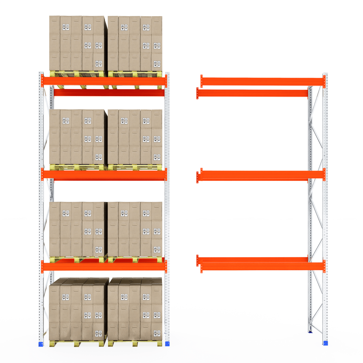Boxes on shelves (left) and RackZone Pallet Racking 1100mm Depth (right).