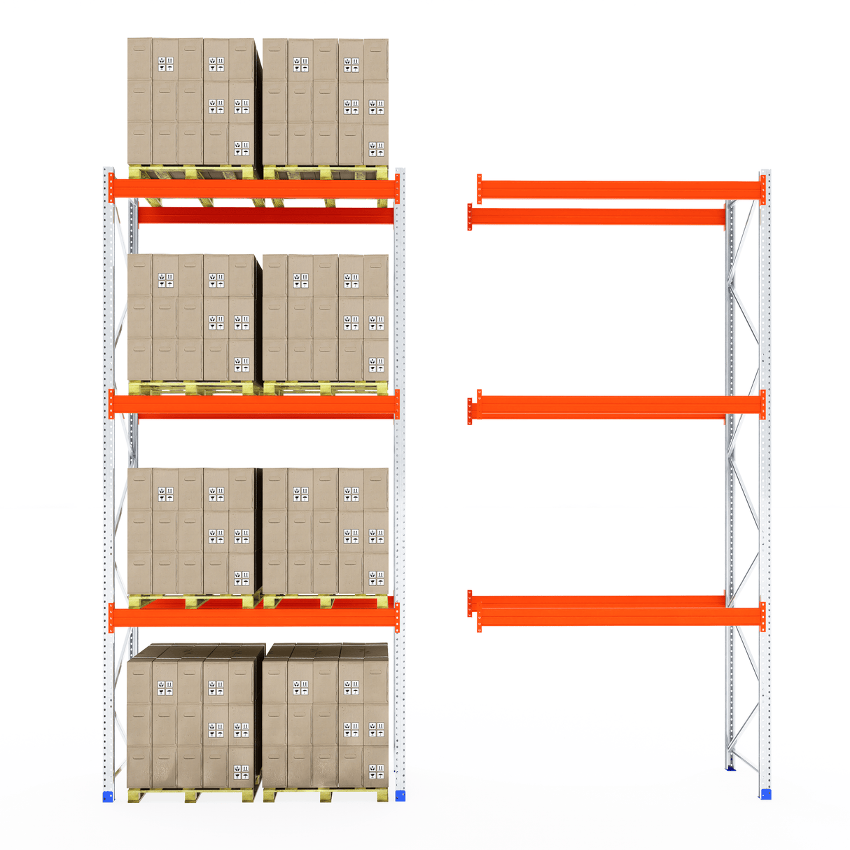 RackZone Pallet Racking 1100mm Extender: shelves left, empty racking right.