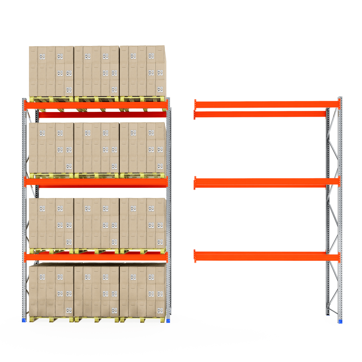 RackZone Pallet Racking 1100mm Extender holds boxes left; right shelves empty.