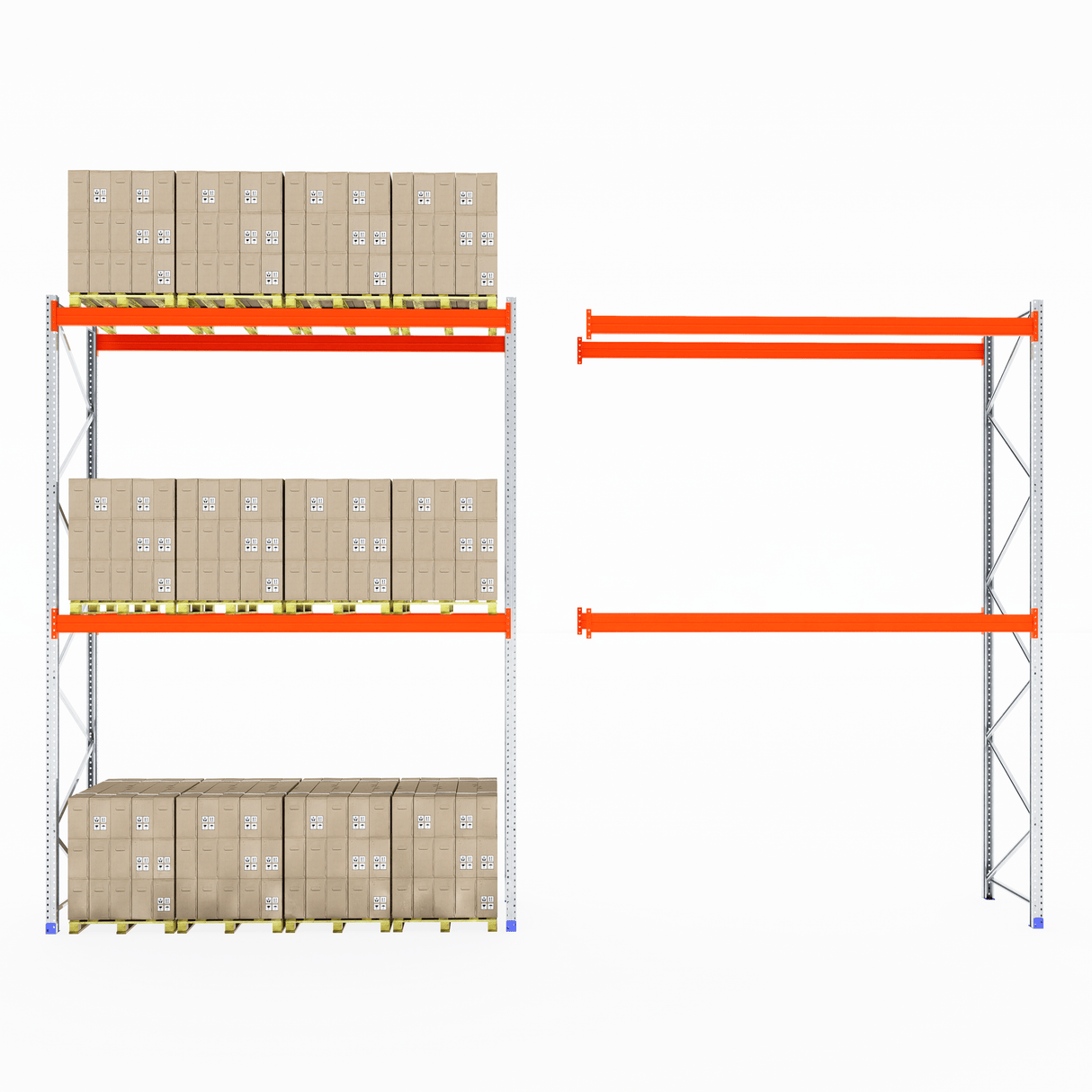 RackZone Pallet Racking 1100mm Depth Extender: one filled, one empty.