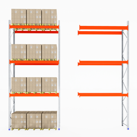 RackZone Pallet Racking 1100mm Extender: full and empty racks with orange beams.