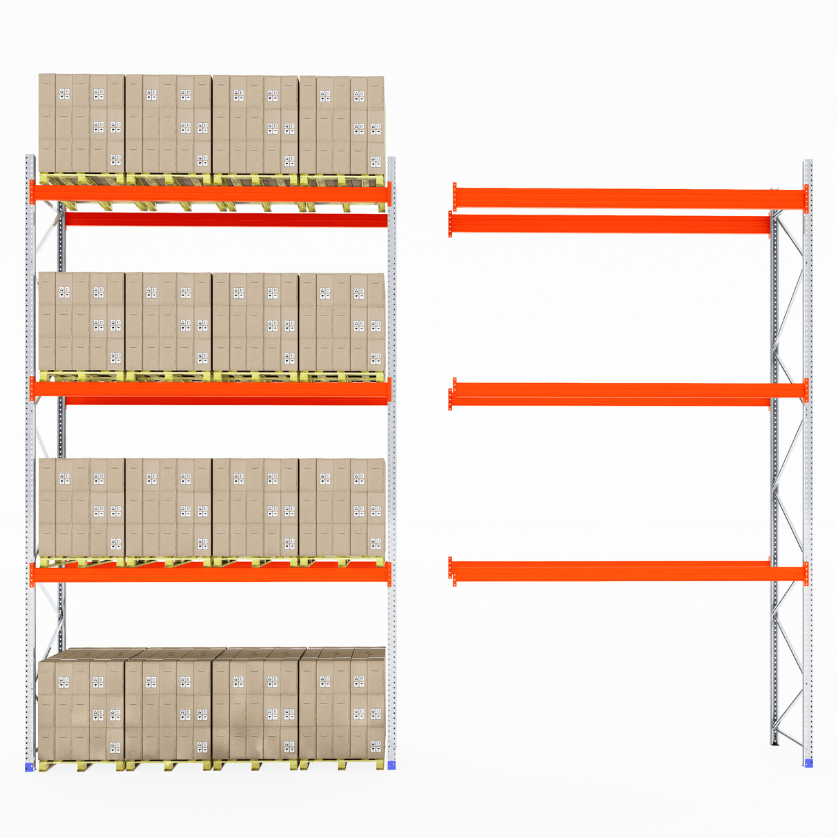 Four shelves with boxes beside an empty RackZone Pallet Racking 1100mm Starter.