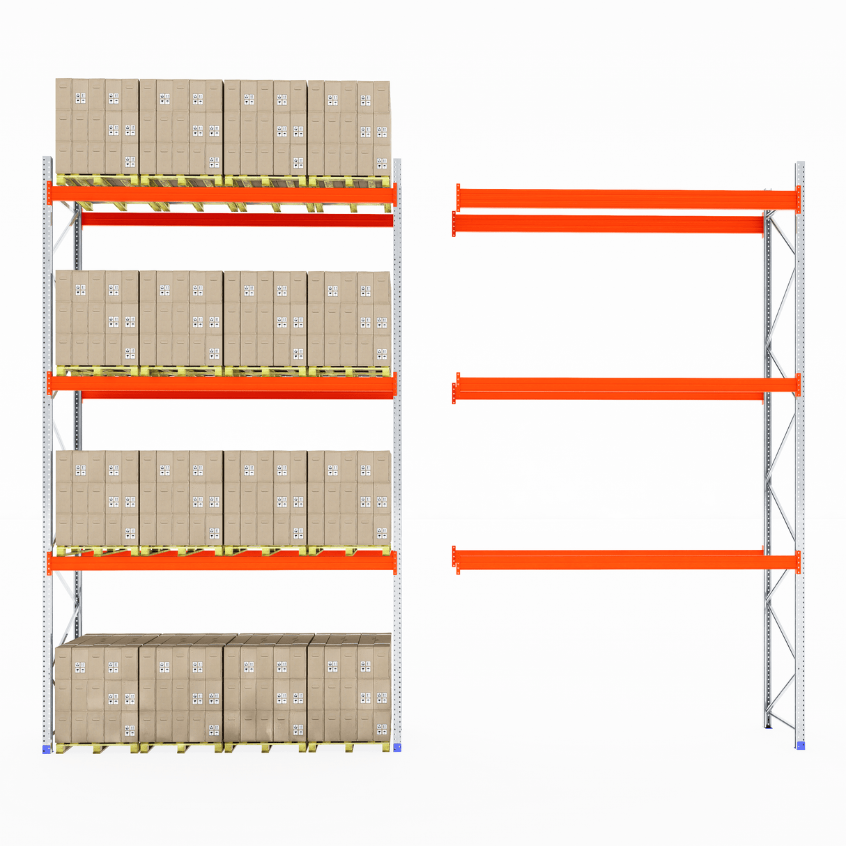 RackZone Pallet Racking 1100mm Depth Extender, left boxes, right empty racking.