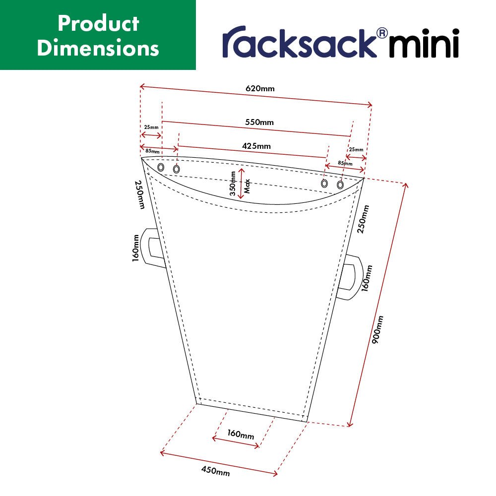 Diagram showing dimensions of the RackZone Racksack Mini Mixed Paper & Cardboard in mm.