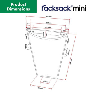 Diagram showing dimensions of the RackZone Racksack Mini Mixed Paper & Cardboard in mm.